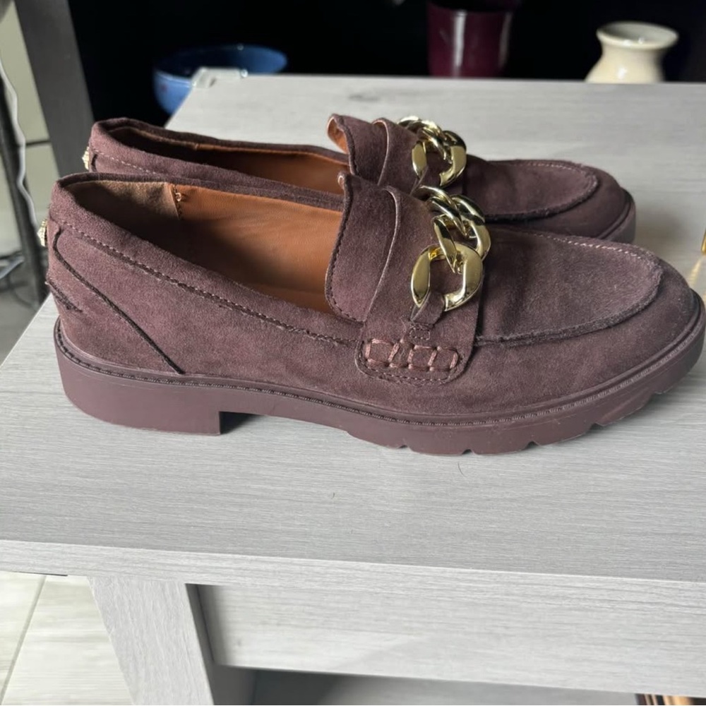 Brown Suede Loafers with Gold Chain - Picture 2 of 8